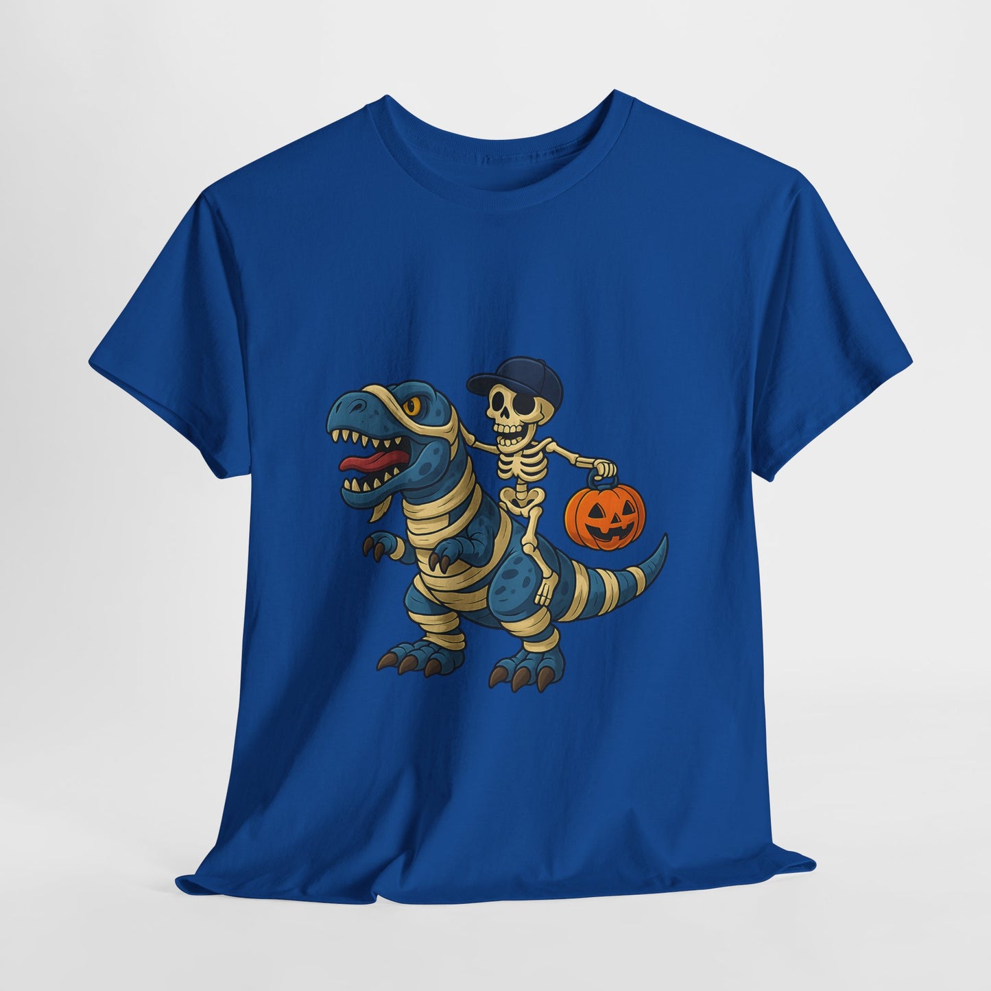Skeleton Riding T-Rex Halloween T-Shirt - Dinosaur Mummy Wrap Tee