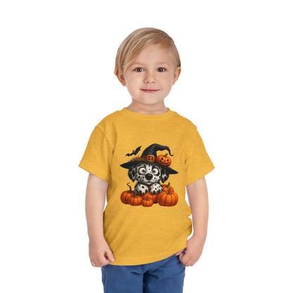 Cute Halloween Puppy Kids T-Shirt - Witch Hat & Pumpkins Toddler Tee