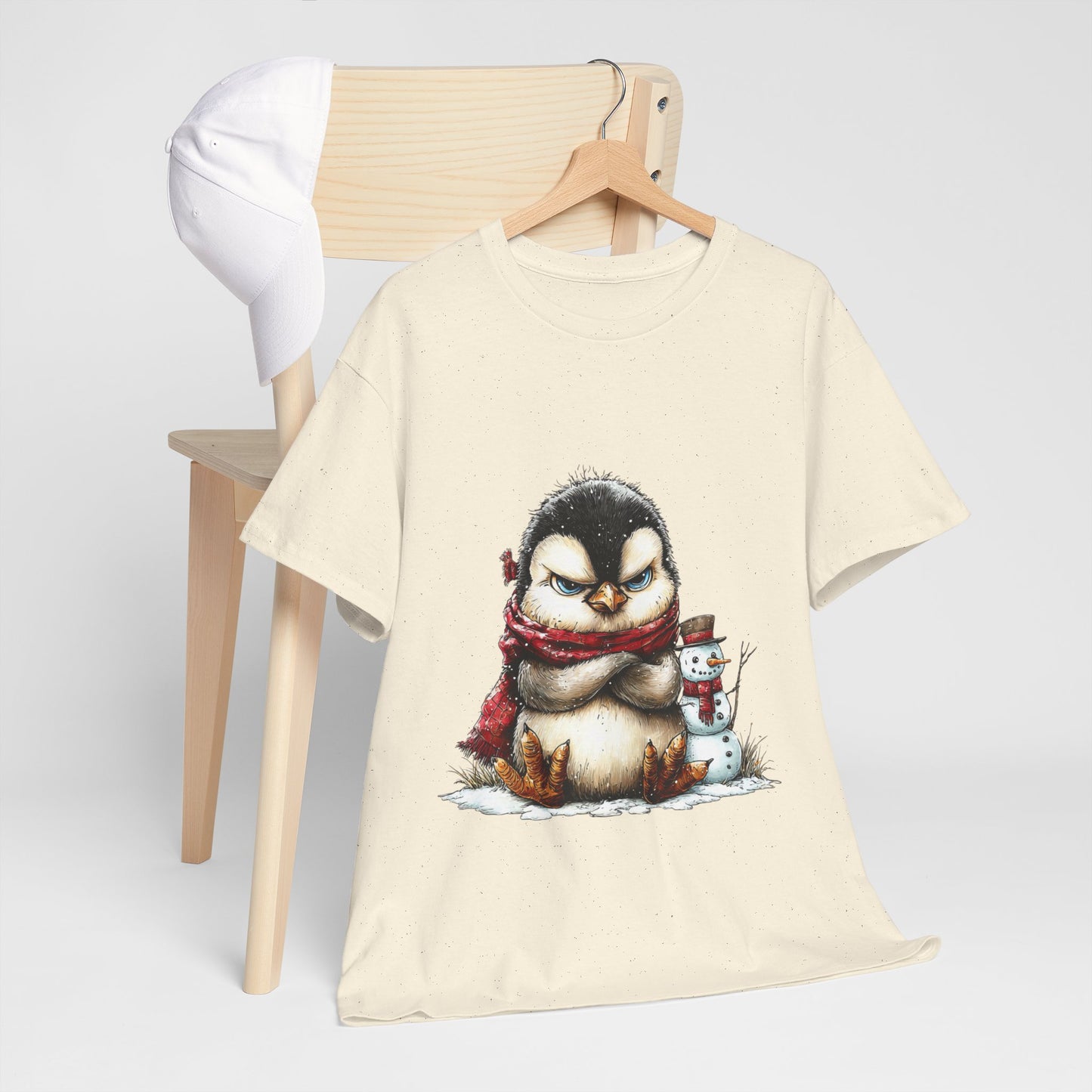 Grumpy Penguin Christmas T-Shirt - Winter Penguin with Snowman Buddy