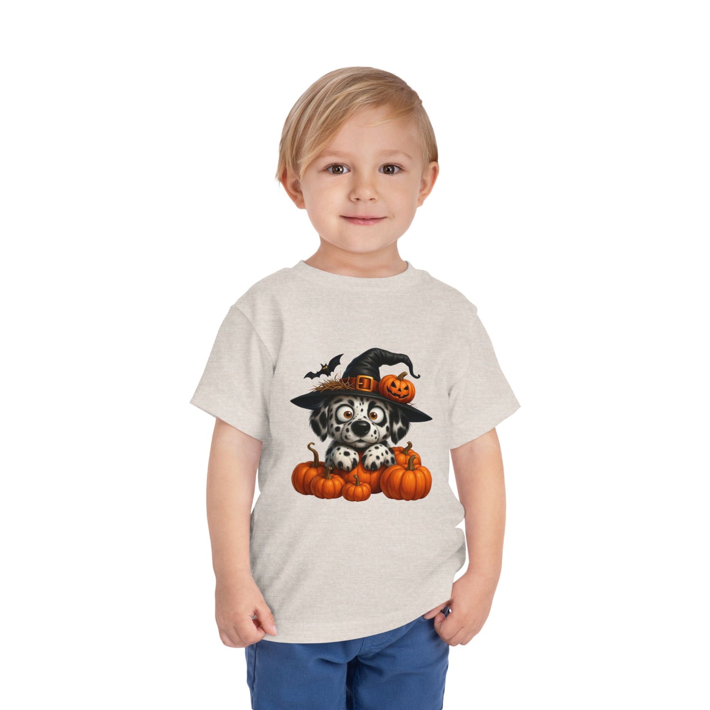 Cute Halloween Puppy Kids T-Shirt - Witch Hat & Pumpkins Toddler Tee