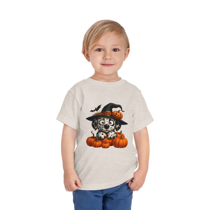 Cute Halloween Puppy Kids T-Shirt - Witch Hat & Pumpkins Toddler Tee