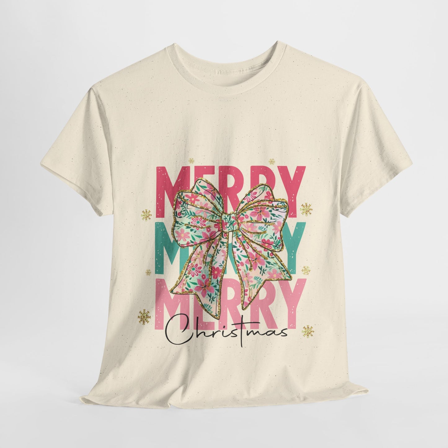 Merry Merry Merry Christmas T-Shirt - Floral Bow Pastel Tee