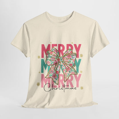 Merry Merry Merry Christmas T-Shirt - Floral Bow Pastel Tee