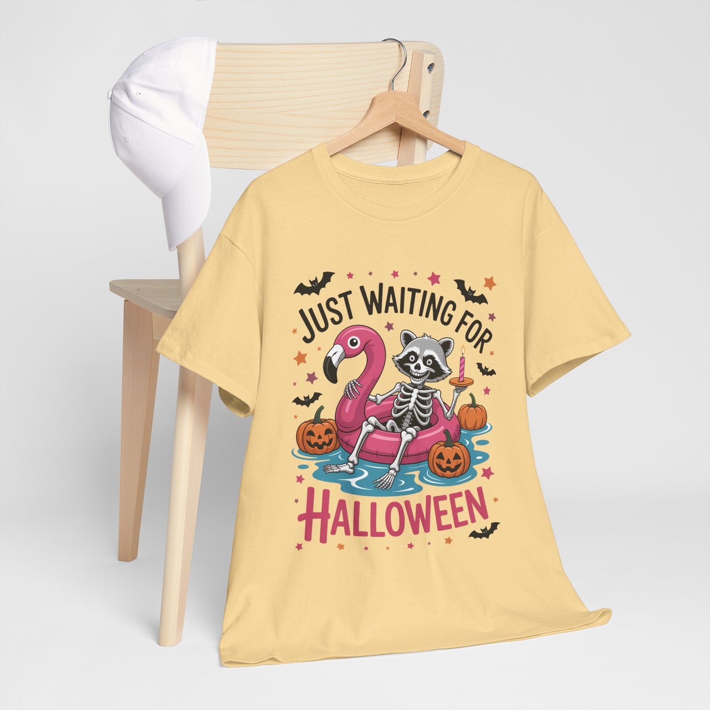 Just Waiting for Halloween T-Shirt - Raccoon Skeleton Flamingo Tee