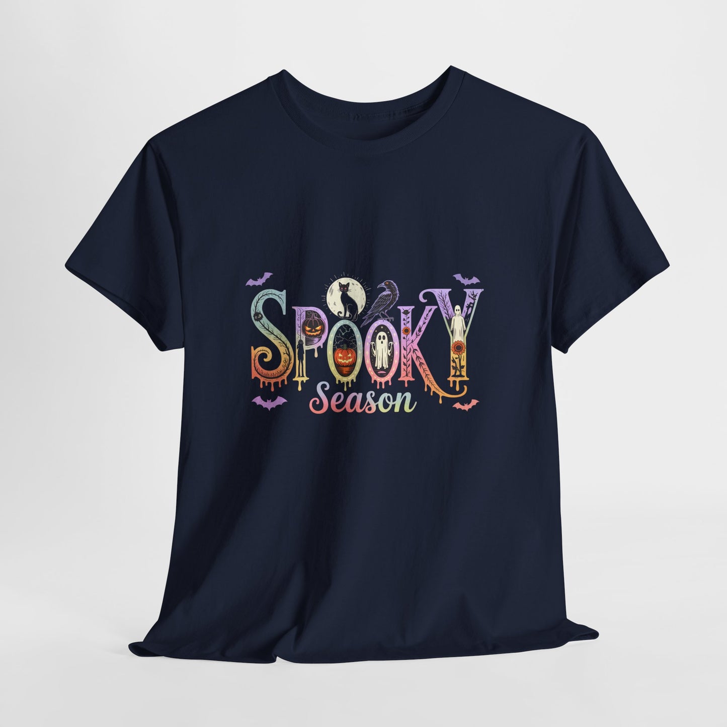 Spooky Season Gothic T-Shirt with Ghosts, Black Cat, Raven & Pumpkins