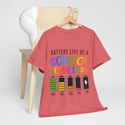 School Secretary Battery Shirt - Funny Rainbow Staff Tee for School Office Life, End of Year Exhaustion Gift for Secretaries