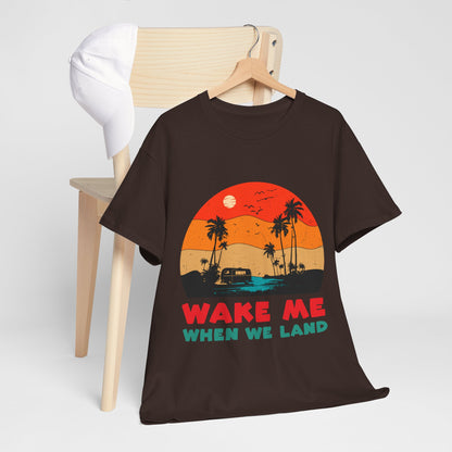 Wake Me When We Land T-Shirt - Funny Jet Lag Travel Retro Sunset Tee