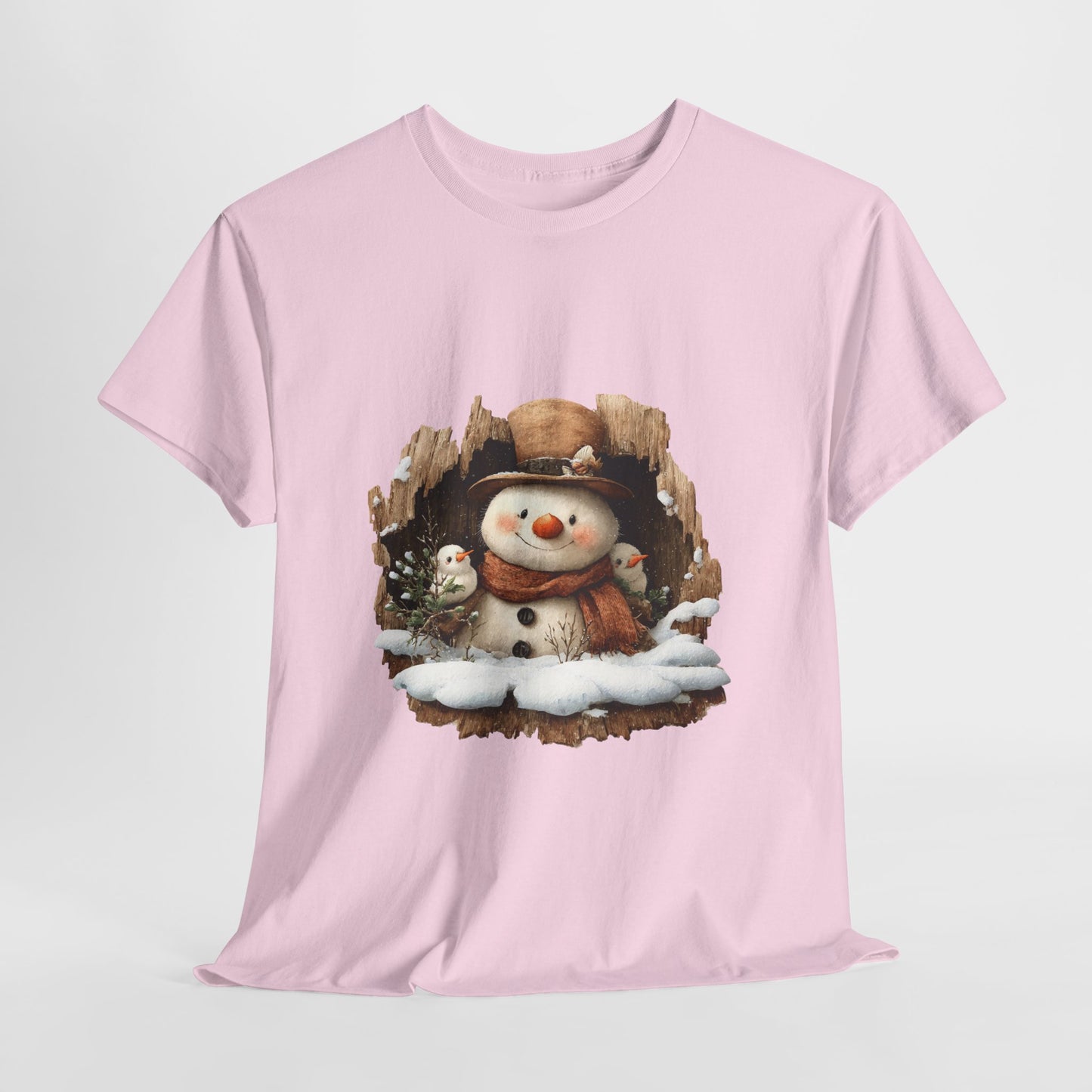 Woodland Snowman with Birds Christmas T-Shirt - Rustic Tree Hollow Snowman