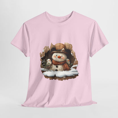 Woodland Snowman with Birds Christmas T-Shirt - Rustic Tree Hollow Snowman