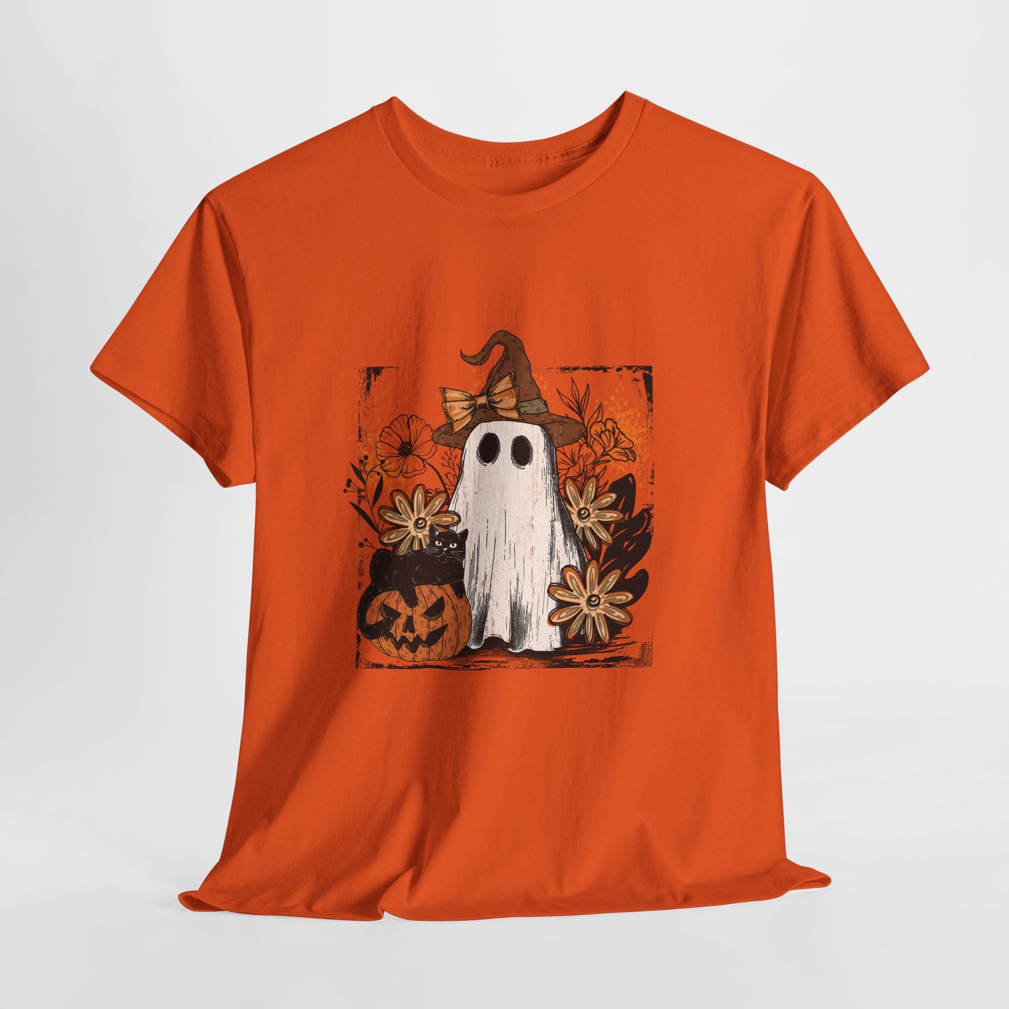 Floral Ghost Cat Pumpkin Halloween T-Shirt - Witch Hat Bow x Jack-O-Lantern