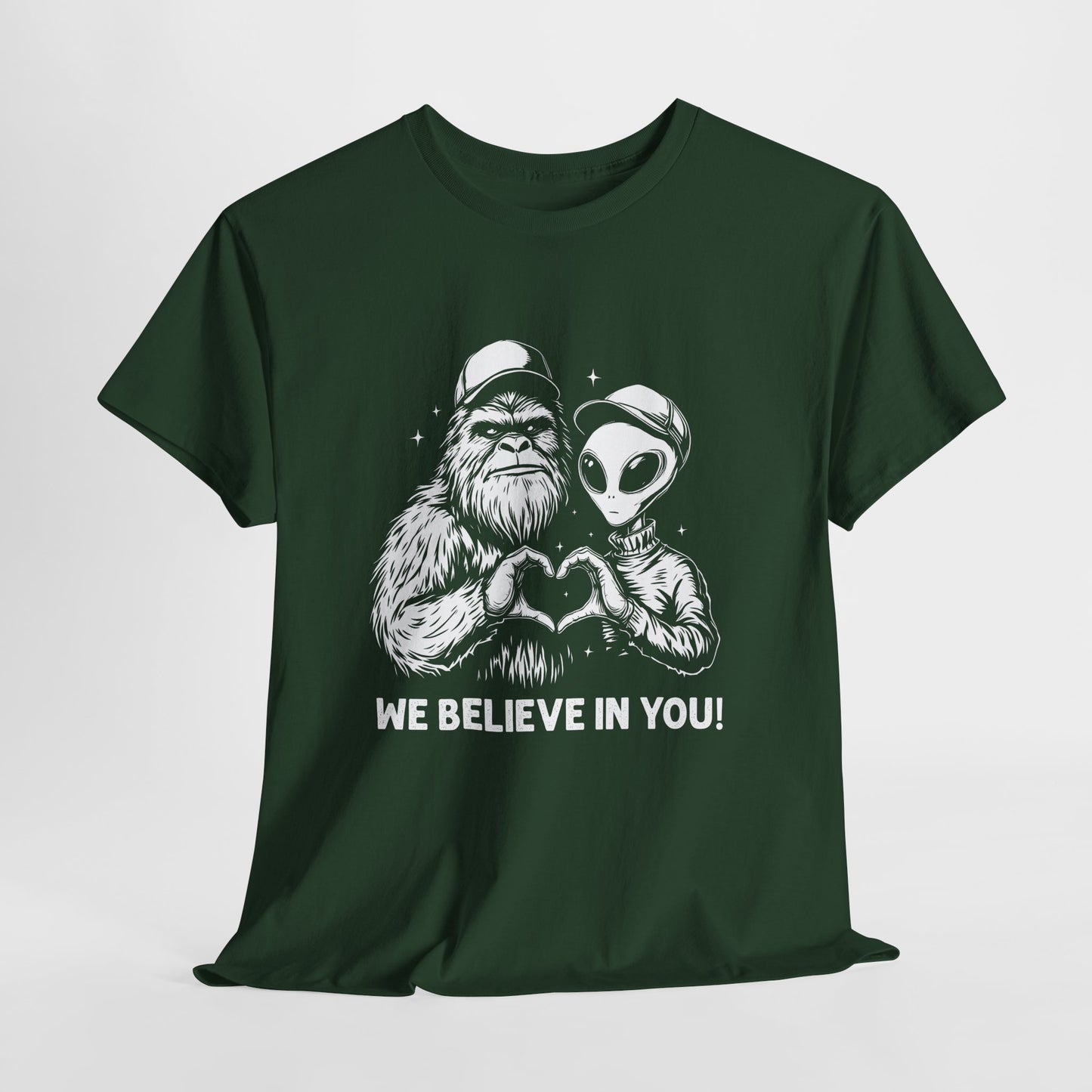 We Believe In You T-Shirt - Bigfoot & Alien Heart Hands Tee