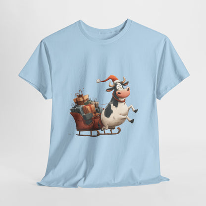 Santa Cow Sleigh Christmas T-Shirt - Funny Cow Pulling Sleigh Tee