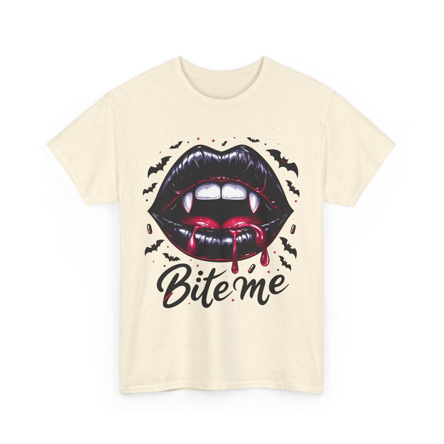 Bite Me Vampire Lips T-Shirt - Gothic Fangs & Bats Halloween Tee