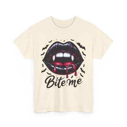 Bite Me Vampire Lips T-Shirt - Gothic Fangs & Bats Halloween Tee