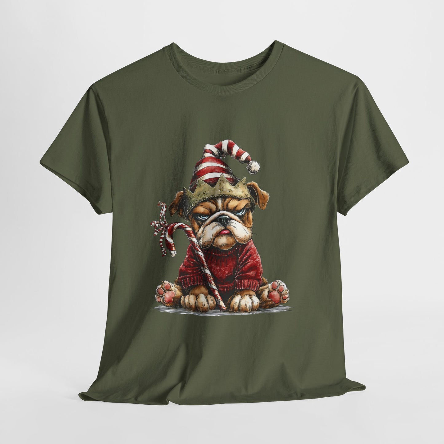 Grumpy Christmas Bulldog T-Shirt - Santa Hat Dog in Red Sweater