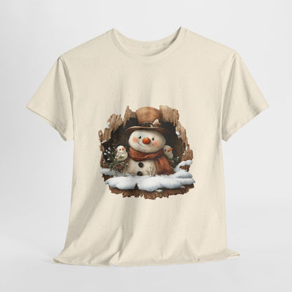 Woodland Snowman with Birds Christmas T-Shirt - Rustic Tree Hollow Snowman