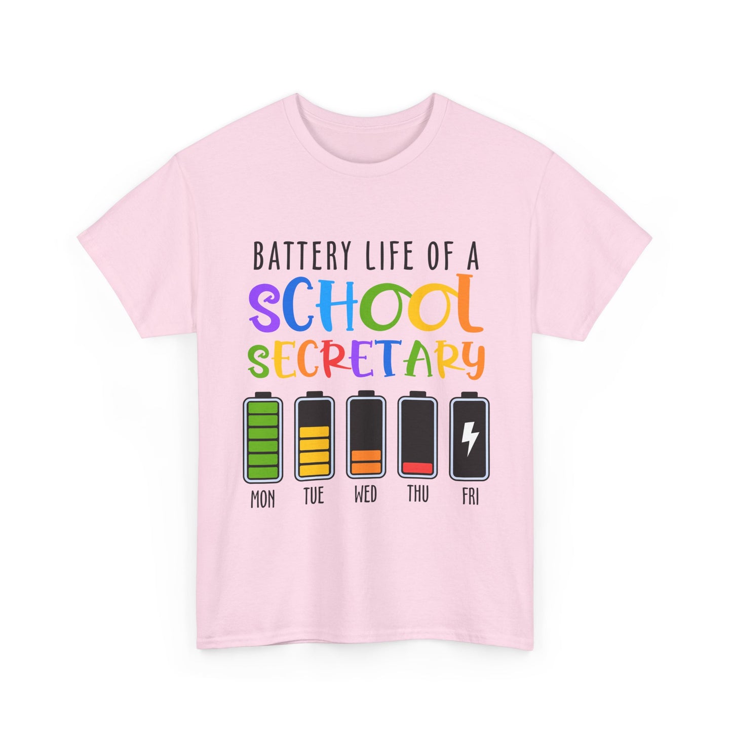 School Secretary Battery Shirt - Funny Rainbow Staff Tee for School Office Life, End of Year Exhaustion Gift for Secretaries