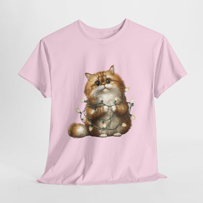 Christmas Lights Cat T-Shirt - Cute Kitty Tangled in Fairy Lights