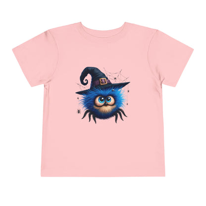 Cute Blue Fuzzy Spider Kids T-Shirt - Witch Hat Halloween Toddler Tee