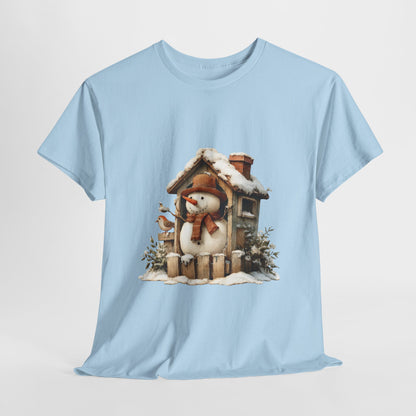 Cabin Porch Snowman Shirt - Rustic Snowman in Little House with Bird