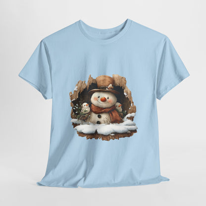 Woodland Snowman with Birds Christmas T-Shirt - Rustic Tree Hollow Snowman