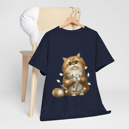 Christmas Lights Cat T-Shirt - Cute Kitty Tangled in Fairy Lights