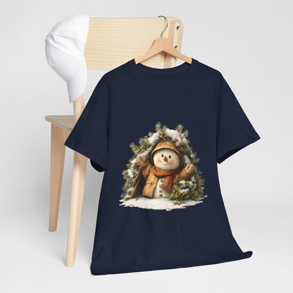 Forest Wreath Snowman Christmas T-Shirt - Cozy Rustic Snowman in Coat & Scarf