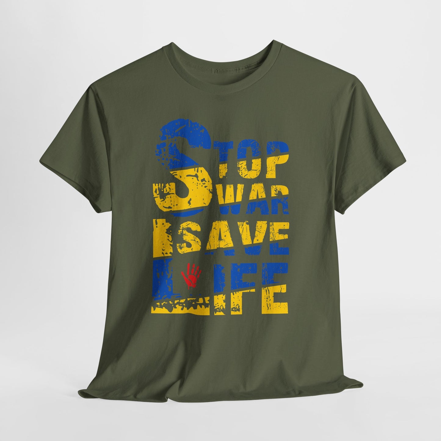 Stop War Save Life Shirt - Blue & Yellow Anti-War Tee, Ukraine Support T-Shirt with Red Handprint, Peace and Solidarity Gift