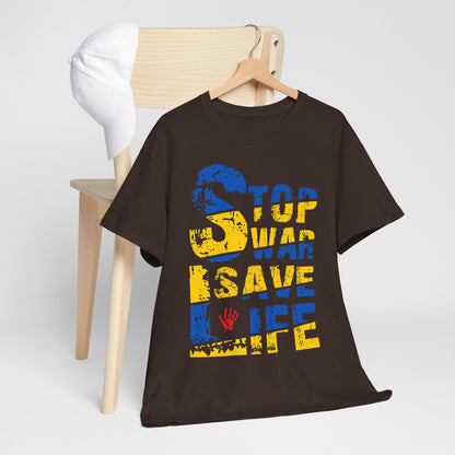 Stop War Save Life Shirt - Blue & Yellow Anti-War Tee, Ukraine Support T-Shirt with Red Handprint, Peace and Solidarity Gift