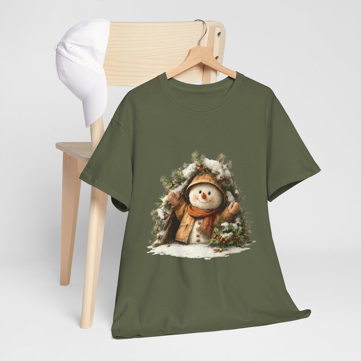 Forest Wreath Snowman Christmas T-Shirt - Cozy Rustic Snowman in Coat & Scarf