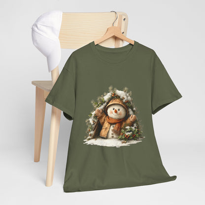 Forest Wreath Snowman Christmas T-Shirt - Cozy Rustic Snowman in Coat & Scarf