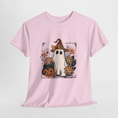 Floral Ghost Cat Pumpkin Halloween T-Shirt - Witch Hat Bow x Jack-O-Lantern