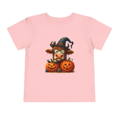 Cute Highland Cow Kids T-Shirt - Witch Hat & Pumpkins Toddler Tee