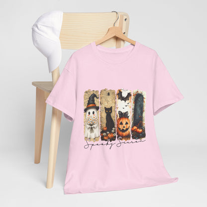 Spooky Season Panels Halloween T-Shirt with Ghost, Black Cat, Jack-O-Lantern & Bats