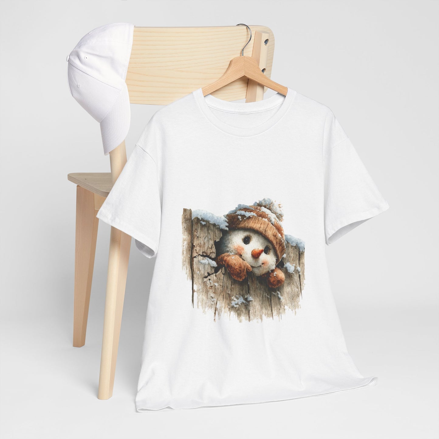 Peeking Snowman Beanie Christmas T-Shirt - Rustic Wood Fence Snowman