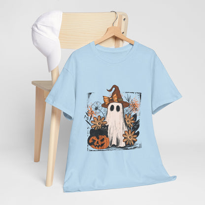 Floral Ghost Cat Pumpkin Halloween T-Shirt - Witch Hat Bow x Jack-O-Lantern