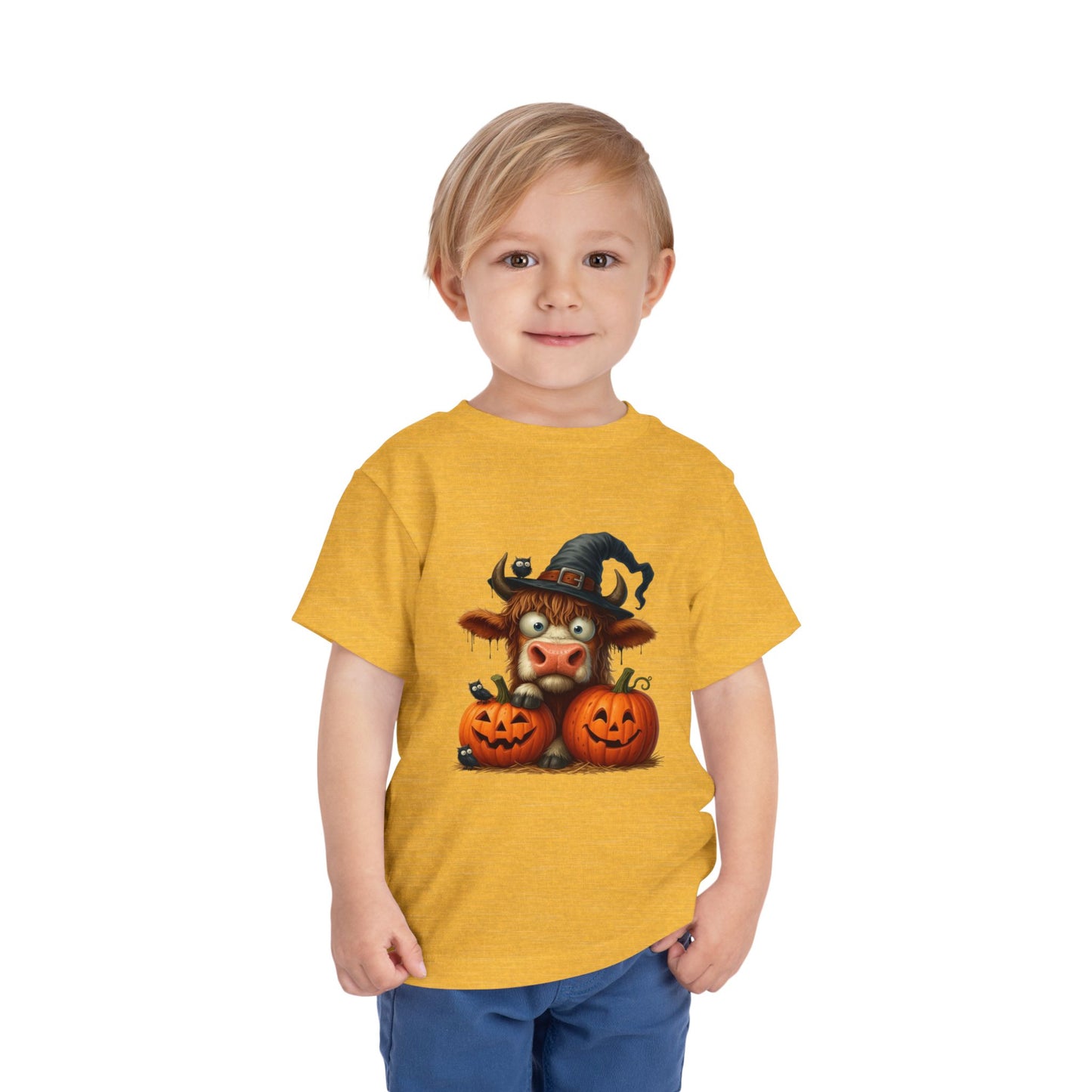 Cute Highland Cow Kids T-Shirt - Witch Hat & Pumpkins Toddler Tee