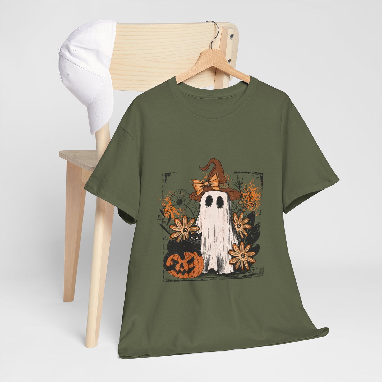 Floral Ghost Cat Pumpkin Halloween T-Shirt - Witch Hat Bow x Jack-O-Lantern