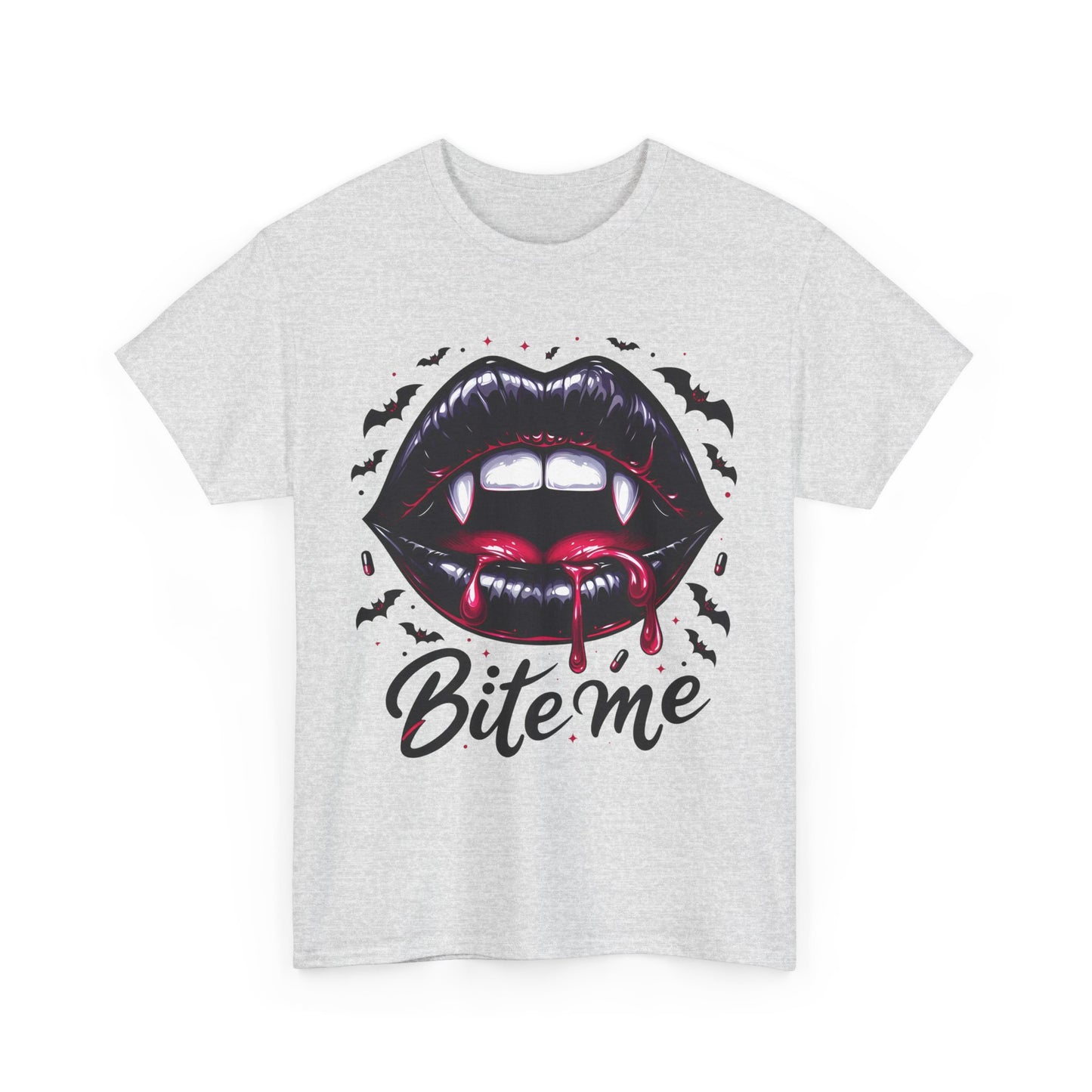 Bite Me Vampire Lips T-Shirt - Gothic Fangs & Bats Halloween Tee
