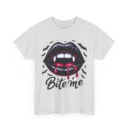 Bite Me Vampire Lips T-Shirt - Gothic Fangs & Bats Halloween Tee