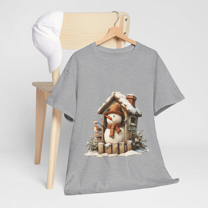 Cabin Porch Snowman Shirt - Rustic Snowman in Little House with Bird