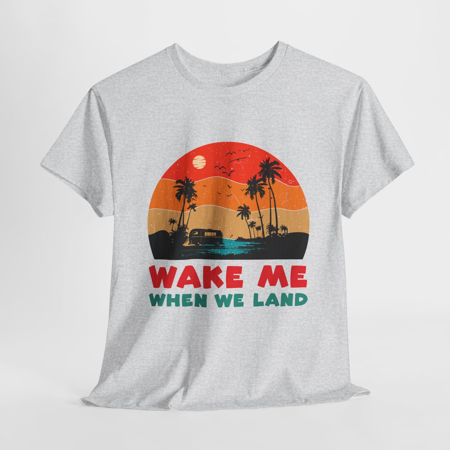 Wake Me When We Land T-Shirt - Funny Jet Lag Travel Retro Sunset Tee