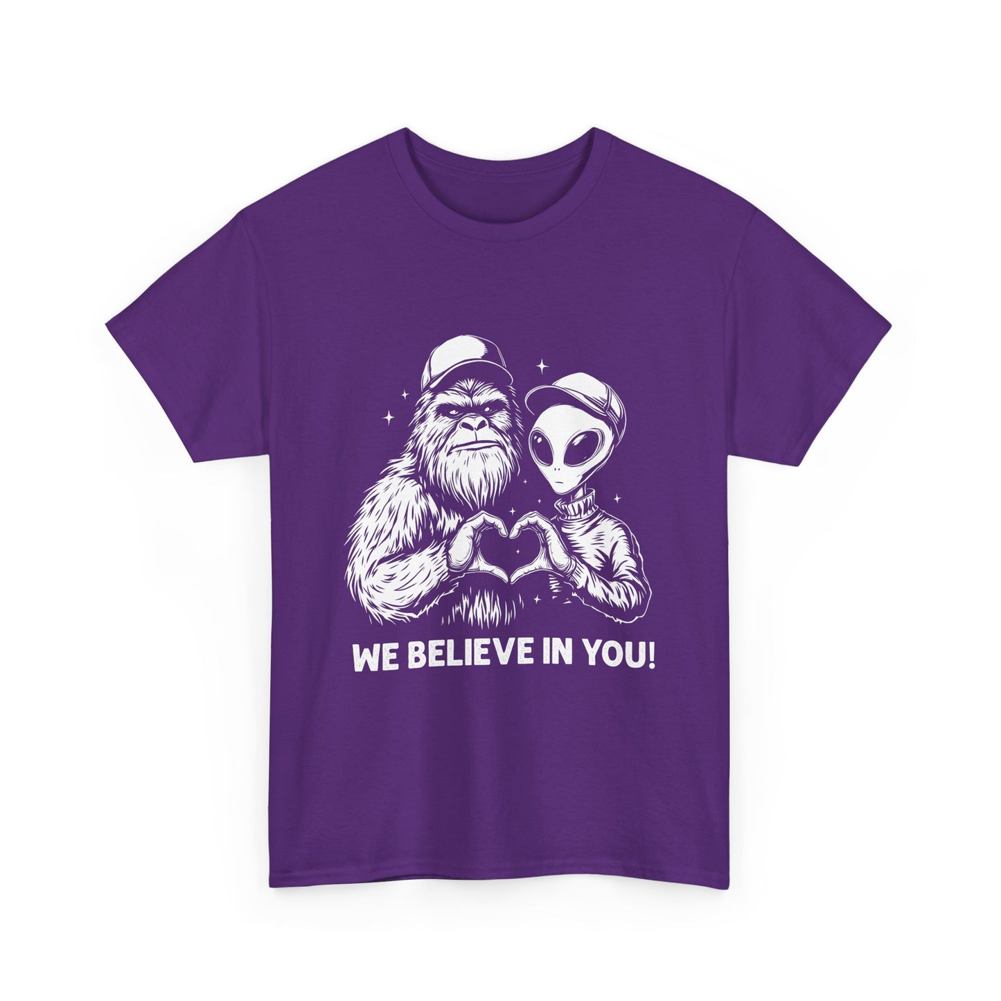 We Believe In You T-Shirt - Bigfoot & Alien Heart Hands Tee
