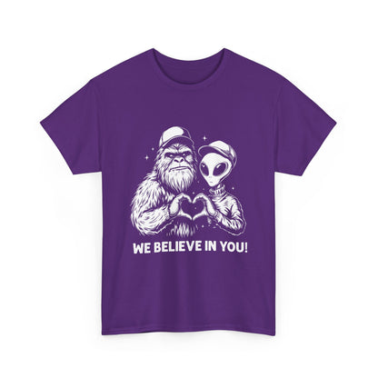 We Believe In You T-Shirt - Bigfoot & Alien Heart Hands Tee