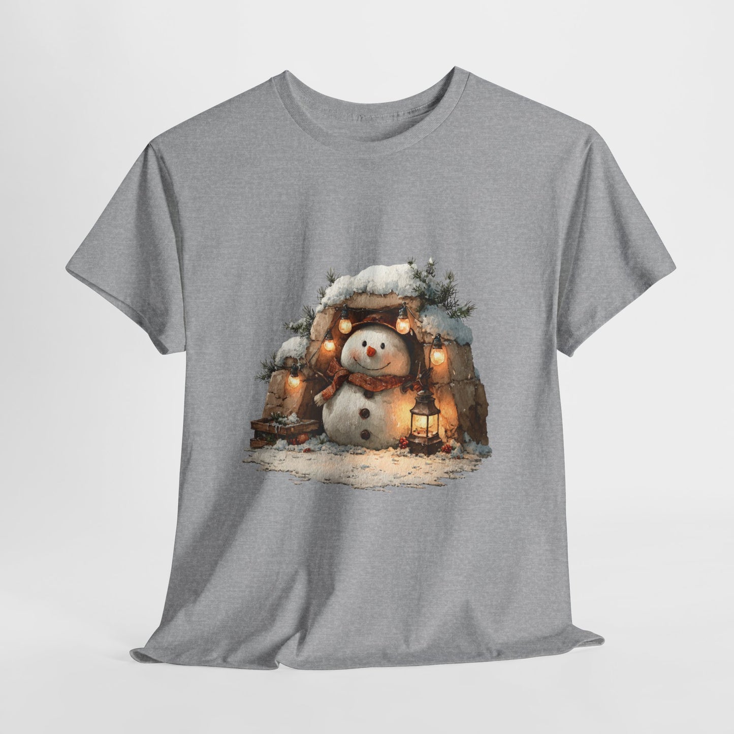 Cozy Lantern Snowman Christmas T-Shirt - Rustic Christmas Snowman with String Lights