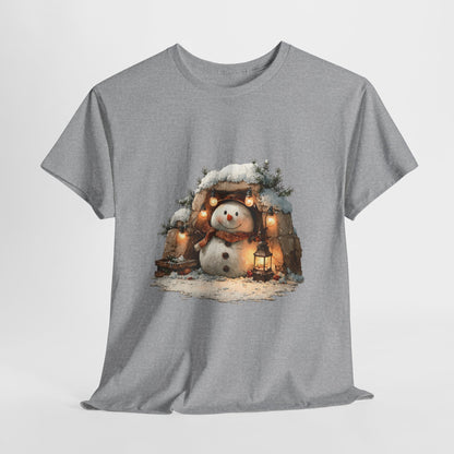 Cozy Lantern Snowman Christmas T-Shirt - Rustic Christmas Snowman with String Lights