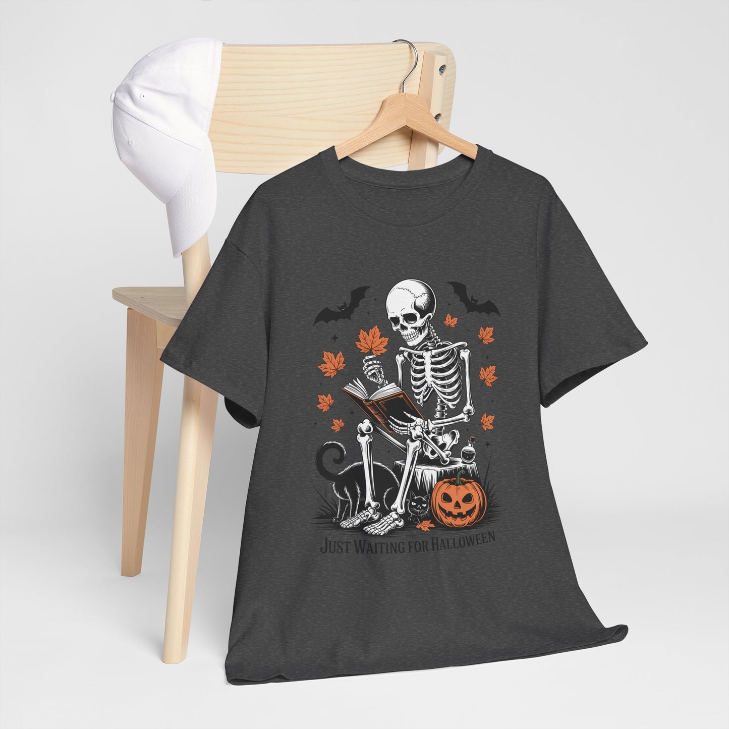 Just Waiting for Halloween T-Shirt - Cozy Spooky Skeleton Reading Tee