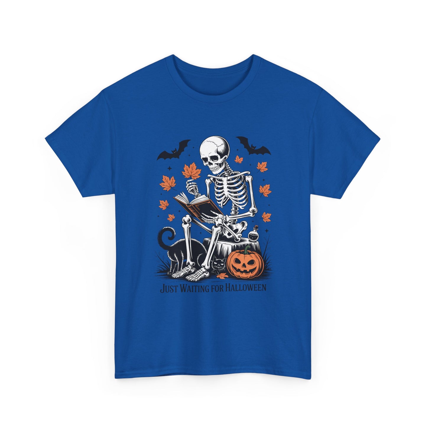 Just Waiting for Halloween T-Shirt - Cozy Spooky Skeleton Reading Tee