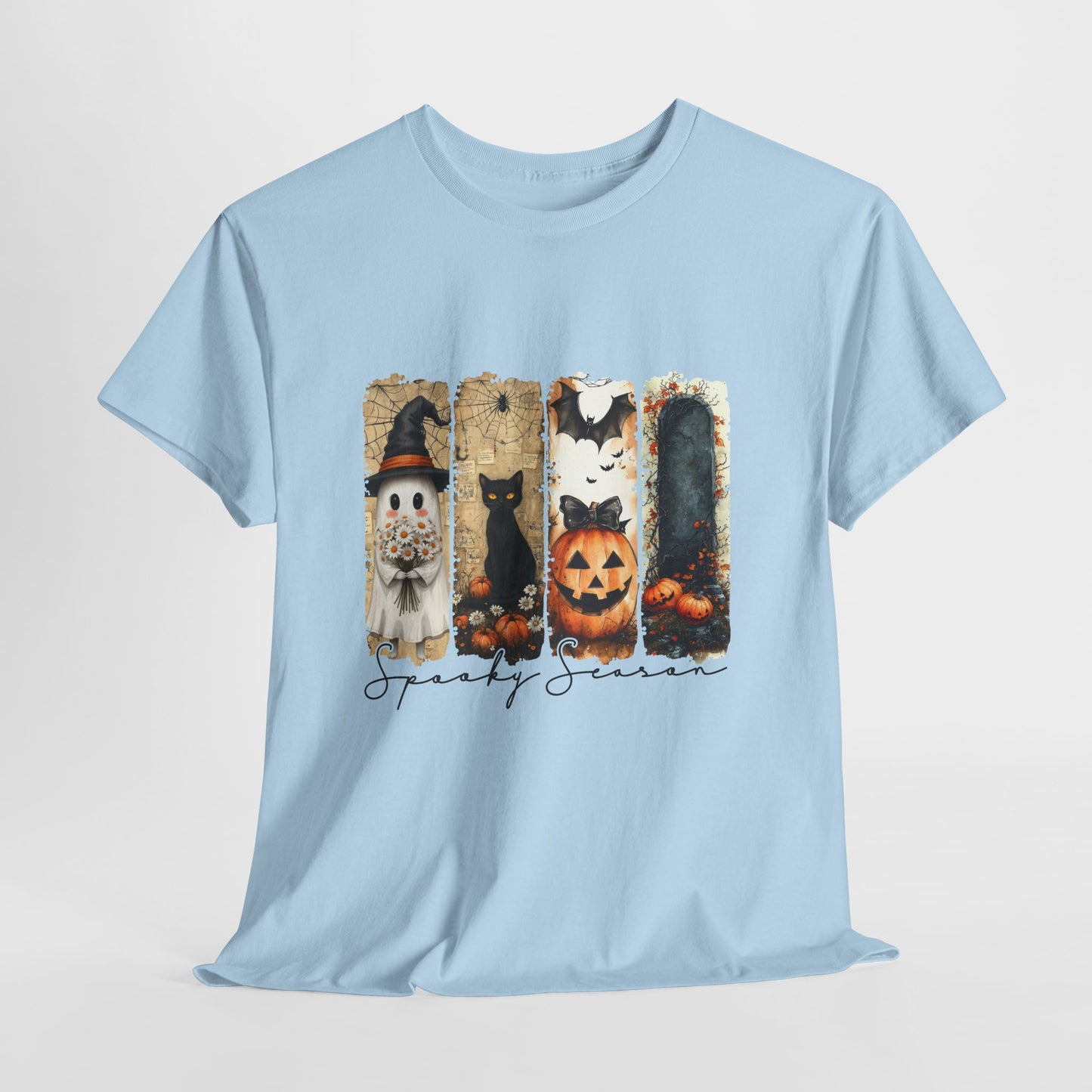 Spooky Season Panels Halloween T-Shirt with Ghost, Black Cat, Jack-O-Lantern & Bats