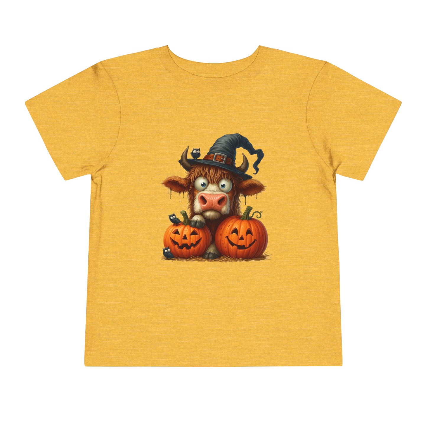 Cute Highland Cow Kids T-Shirt - Witch Hat & Pumpkins Toddler Tee
